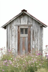 Wall Mural - A weathered wooden shed with a single window, surrounded by