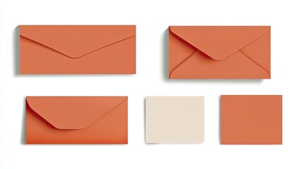 Four Orange Envelopes and Two Blank Cards on a White Background