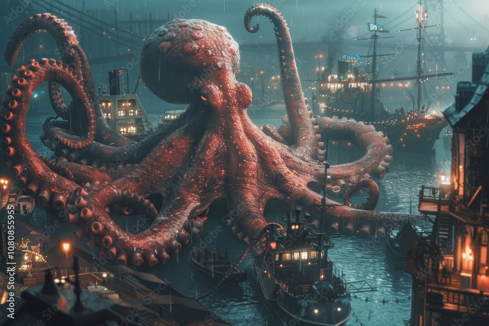 Giant octopus with massive tentacles stretching across the port ...