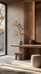 Poster - A minimalist living room with a wooden table, two stools, a vase with branches, a window overlooking a garden, and a rug with sunlight shining on it.
