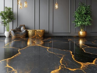 Poster - A modern living room interior with a black and gold marble floor, a black and gold armchair, a gold coffee table, and potted plants.