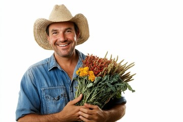 Wall Mural - Smiling man in a straw hat holding flowers.