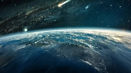 Wall Mural - view of the earth from space with a comet streaking across the sky. concept of awe and wonder at the