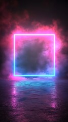Poster - A neon square frame with vibrant pink and blue glow, reflecting on a dark, still water surface, against a backdrop of swirling clouds.