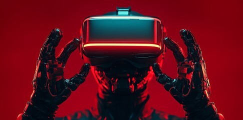 Poster - A person wearing a VR headset with robotic hands against a red background.