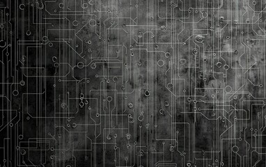 Poster - Abstract monochrome circuit board design featuring intricate lines and shapes on a textured dark background
