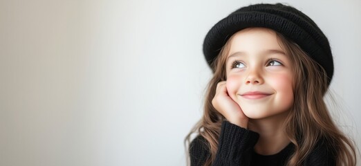 Smiling girl in black hat, thoughtful expression, soft lighting, light background, long hair, casual attire, innocence, joy