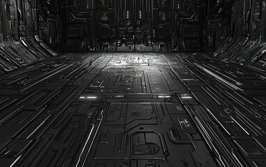 Poster - Futuristic metallic corridor with intricate patterns and lighting in a dark, sci-fi setting