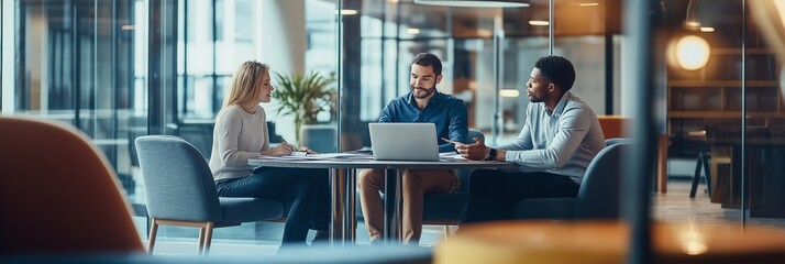 Poster - Collaborative Business Meeting in a Modern Workspace for Professionals to Share Ideas and Strategies, Encouraging Creativity and Effective Communication Among Businessmen and Businesswomen