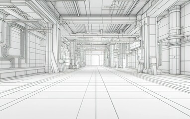 Poster - A detailed view of an industrial facility's interior featuring extensive piping, structural elements, and a linear perspective at midday