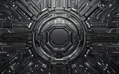 Poster - Futuristic black circuit design with intricate patterns and a central octagonal feature, showcasing advanced technology and digital aesthetics