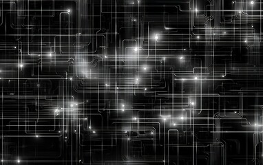 Poster - Abstract black and white digital background with glowing lines and interconnected circuits at night