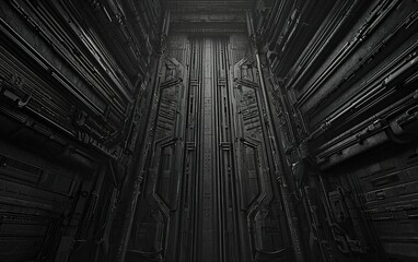Poster - A narrow, industrial corridor features metallic walls and illuminated doorways in a futuristic setting, creating an eerie atmosphere