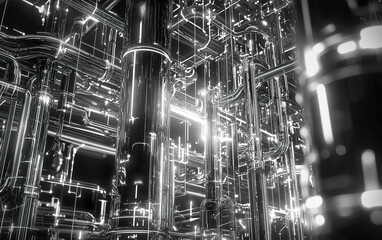 Poster - A complex network of metallic pipes illuminated by bright light, showcasing intricate design and modern engineering in a futuristic space