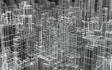 Poster - An intricate digital representation of a futuristic cityscape, showcasing a complex grid of transparent structures and outlines