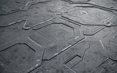 Poster - Detailed close-up of a textured, industrial grey surface showcasing geometric patterns and designs in a modern environment