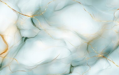 Poster - Abstract fluid art featuring soft blue and white swirls with golden accents in a serene design for modern decor