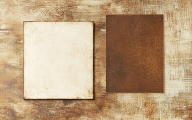 Poster - Two textured surfaces arranged on a rustic wooden background showcasing contrasts in color and material in natural light