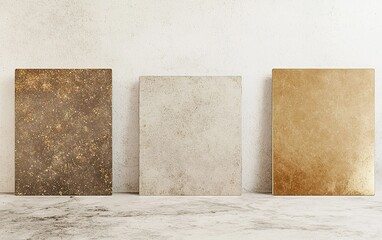 Poster - Textured panels in shades of gold, bronze, and silver displayed against a light-colored backdrop in an artistic arrangement