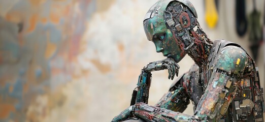 Poster - Robot contemplating existence, intricate circuitry, humanoid form, metallic textures, thoughtful pose, futuristic design, artistic representation