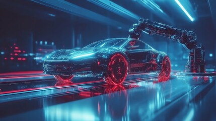Fototapete - A robotic arm assembles a futuristic car on a production line. The car is sleek and modern, and the robotic arm is powerful and efficient.