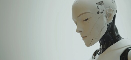Poster - Humanoid robot with intricate design and serene expression, showcasing advanced technology and artificial intelligence features.