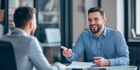 Poster - In a modern office, two experienced professionals brainstorm innovative strategies to align with shared goals, fostering collaboration and effective communication for mutual growth and productivity