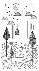 Poster - A simple, stylized black and white illustration of a landscape with trees, hills, clouds, and a sun.
