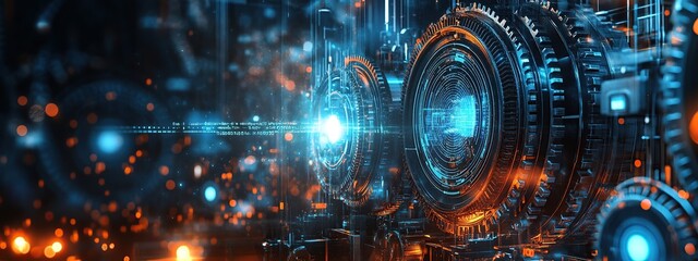 Poster - Digital gears with data and technology elements on a dark background