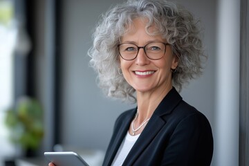 Poster - A skilled businesswoman using a tablet in a modern office symbolizes collaboration, innovation, and communication, reflecting leadership, motivation, and success in a positive corporate environment