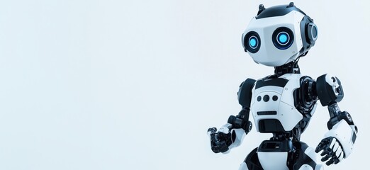 Poster - Robot with blue eyes and sleek design, humanoid features, modern technology, standing against white background