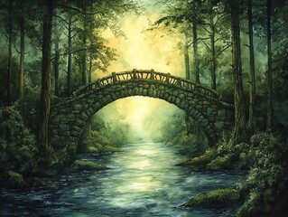 Wall Mural - a stone bridge arches over a river in a misty, green forest. the sun shines through the trees creati
