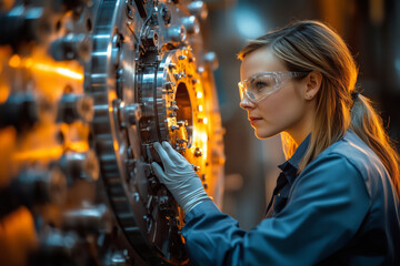 Fototapete - Female engineer closely examines a machine part in an industrial setting