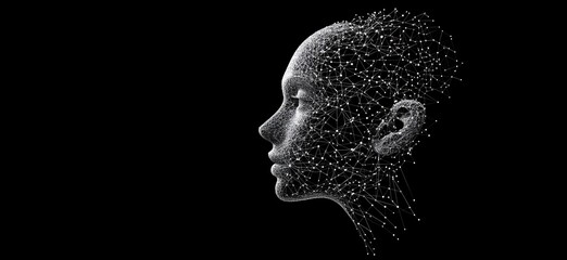 Poster - Wireframe human head silhouette, intricate network of nodes and connections, representing artificial intelligence and digital identity