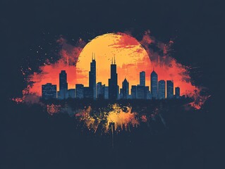 Poster - A stylized cityscape with a large orange sunburst behind it.