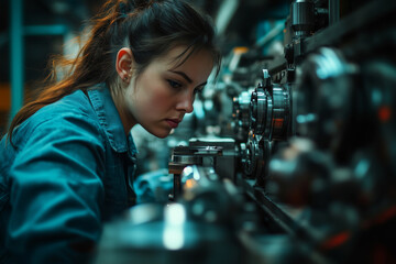 Poster - Dedicated female worker meticulously inspecting production parts in the factory
