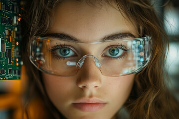 Poster - Focused female mechanic inspecting circuitry in a workshop during daylight hours