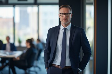 Aufkleber - A professional business environment with a dynamic executive in a contemporary office, promoting collaboration and communication, aiming to boost overall productivity in the organization