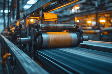 Poster - Dedicated worker operating heavy machinery in a bustling textile factory setting