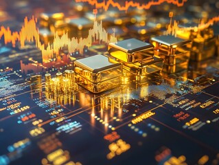 Poster - Digital composition with gold bars, stock market data, and financial graphs showcasing the dynamics of wealth and investment trends in a modern economy