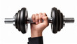 © 3D PIXEL - Muscular hand holding black dumbbell isolated on white background. Gym exercise activity.