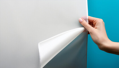 Poster - Hand holding blank banner corner. Clear cloth pulling out. Empty space decorative design element. Drag out edge of sticker. Banner mock up holding hand. Blank cloth mockup hold arm.