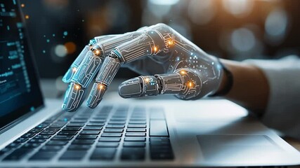 Poster - Futuristic robotic hand interacting with a laptop in an office environment during daytime