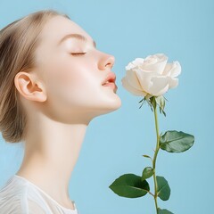 Poster - Ethereal Portrait of a Young Woman Gracing a White Flower Against a Soft Blue Background, Capturing Beauty, Serenity, and Elegance in Natural Light