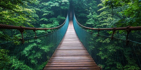 Wall Mural - a wooden suspension bridge leading into a dense, lush green forest, with the bridge disappearing int