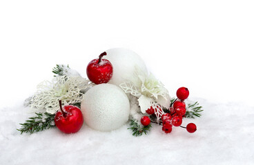 Wall Mural - christmas decoration. twigs christmas tree, red berries, apple and white balls, white openwork poins