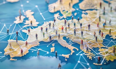 Poster - Global connectivity network representation, miniature figures on map of Europe, illustrating social connections and interactions, digital communication concept