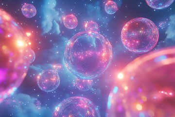 Poster - Abstract background of glowing, iridescent bubbles with pink and blue highlights.