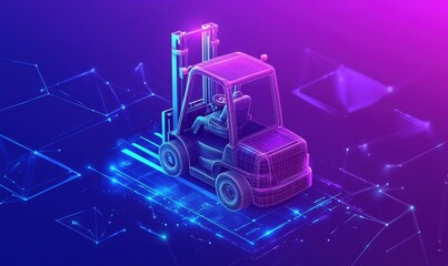 Poster - 3D wireframe forklift, digital technology concept, neon colors, futuristic design, industrial vehicle, glowing lines, abstract background