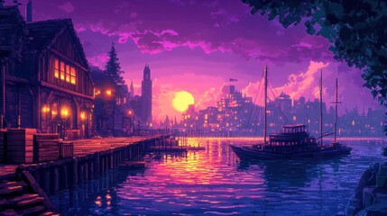 Wall Mural - Pixel art busy harbor ships lights and deep purple sky